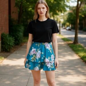 City Studio Skater Skirt Womens Size 4 (Junior 5) Blue Floral Tulle Lined Mini
